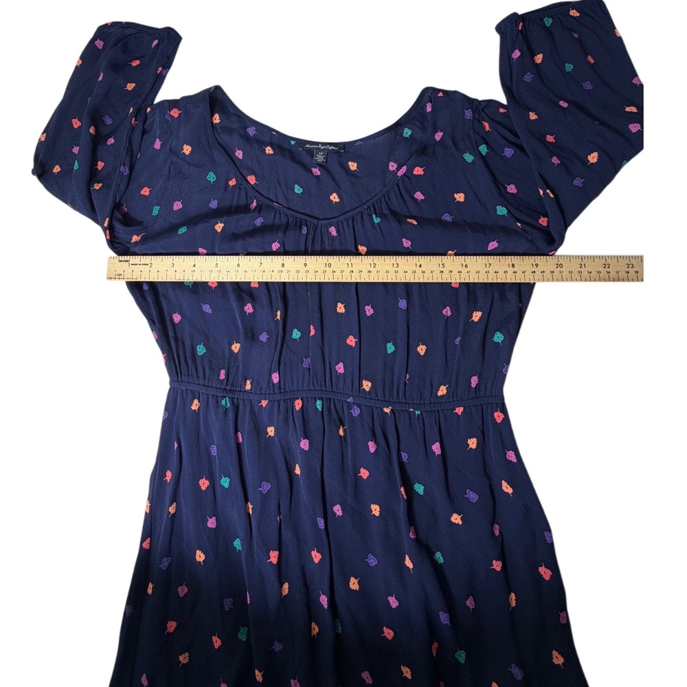 American Eagle navy v-neck leaf print mini dress 3/4 sleeve elastic waist Size-S - Picture 5 of 9